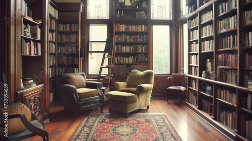 Cozy Reading Corner in Traditional Library AI Generated.