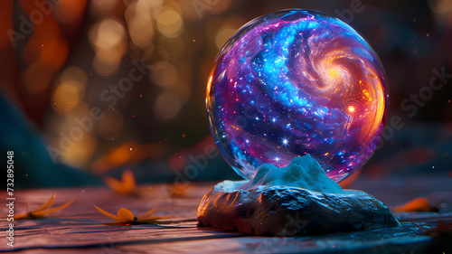 Enchanting Galaxy Crystal Ball on Wooden Surface