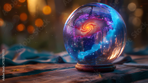Enchanting Galaxy Crystal Ball on Wooden Surface