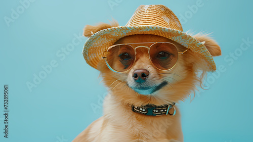 Cute and Happy Dog Wearing Sunglasses and Straw Hat