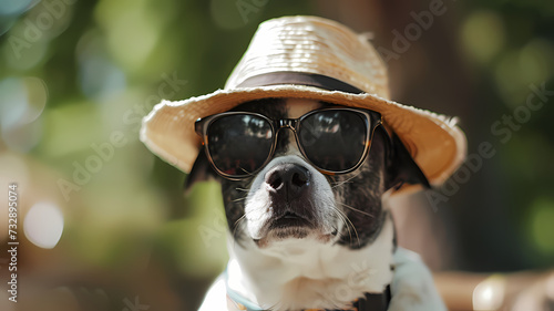 Cute and Happy Dog Wearing Sunglasses and Straw Hat © Artistic Visions