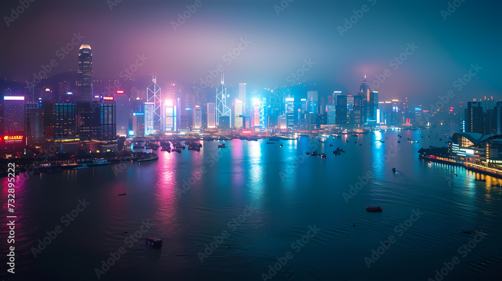 Fototapeta premium Dazzling Nighttime Skyline View of Urban Metropolis With Neon Lighting