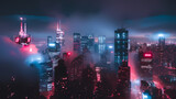 Dazzling Nighttime Skyline View of Urban Metropolis With Neon Lighting