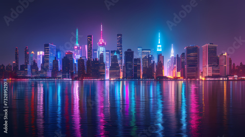 Dazzling Nighttime Skyline View of Urban Metropolis With Neon Lighting