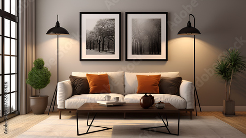 Contemporary Living: Cozy Sofa, Sleek Coffee Table, Stylish Wall Decor, Photographic Style