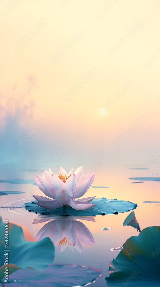 A delicate pink lotus flower floats peacefully on still water, with soft reflections of the sunset in the background.