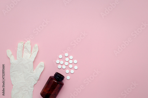 Flat lay of a bottle of med...