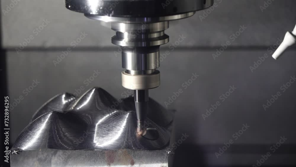The CNC milling machine cutting mold part by indexable ball tool. The CNC milling machine cutting mold part by indexable ball tool.