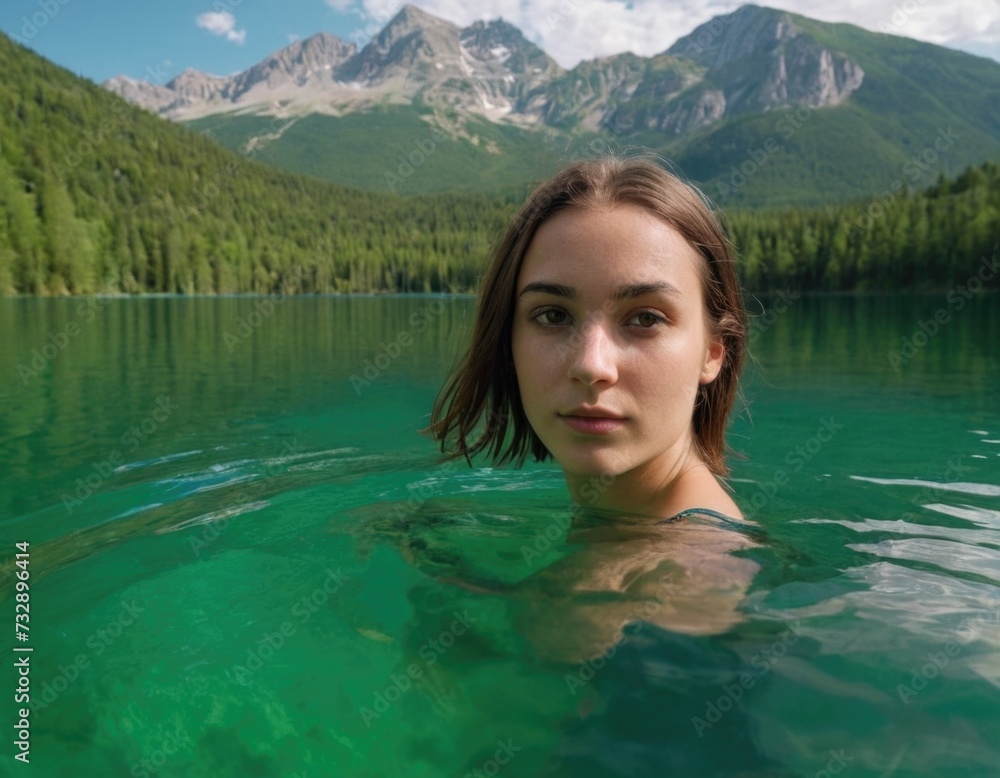 Depict a young woman immersed in the emerald waters of a lake, encircled by a forest and mountains, while she looks into the camera Depict a young woman immersed in the emerald waters of a lake, encircled by a forest and mountains, while she looks into the camera