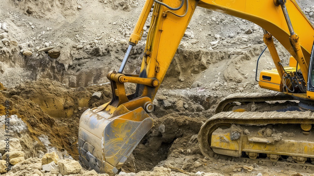 Backhoe on construction site. A side view reveals the backhoe's sleek design, blending functionality with aesthetics. Backhoe on construction site. A side view reveals the backhoe's sleek design, blending functionality with aesthetics.
