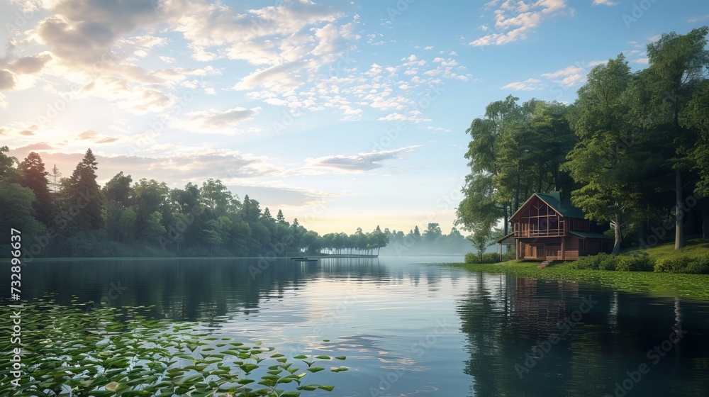 Obraz premium Serene Morning at a Lakeside Cabin Surrounded by Lush Greenery Under a Beautiful Sky