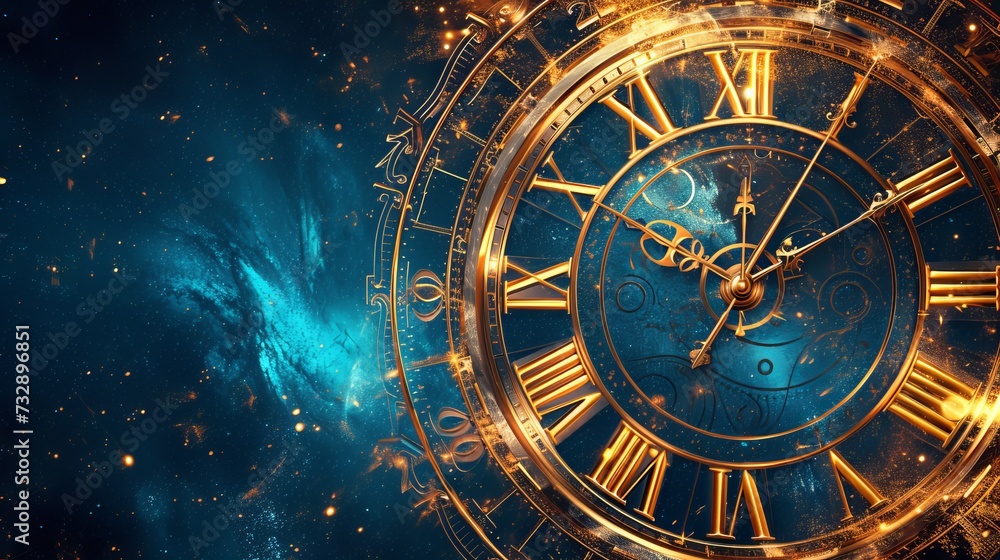 Golden Antique Clock Face Illuminated Against a Mystical Cosmic Background with Glowing Stars and Nebula
