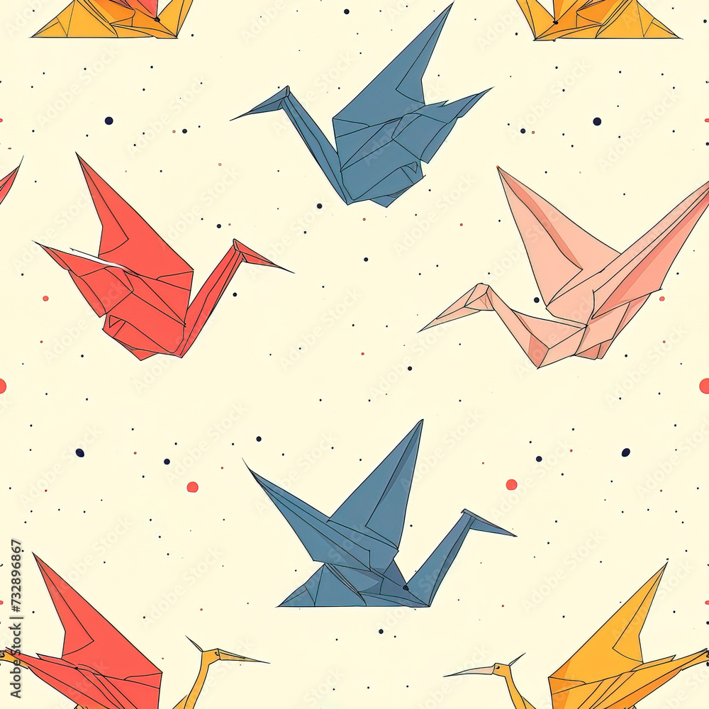 Fototapeta premium Crane birds line art cartoon origami repeat pattern 
