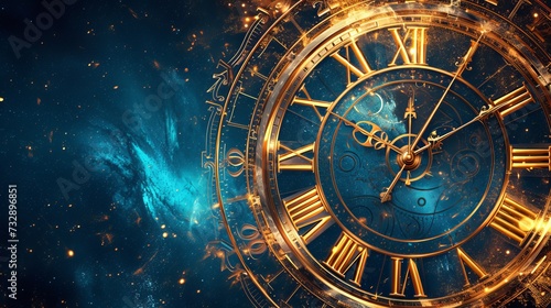 Golden Antique Clock Face Illuminated Against a Mystical Cosmic Background with Glowing Stars and Nebula