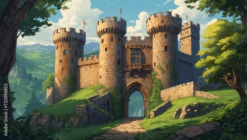 old medieval castle anime style