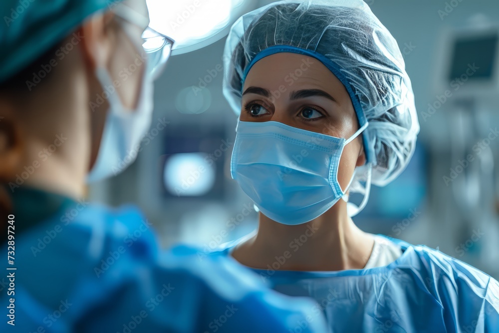 A doctor in a cap and mask talks to nurse against the background of a bright hospital room A doctor in a cap and mask talks to nurse against the background of a bright hospital room
