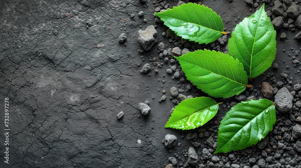 Bright green leaves with water droplets rest on dark, fertile soil, symbolizing life and growth in nature. Bright green leaves with water droplets rest on dark, fertile soil, symbolizing life and growth in nature.