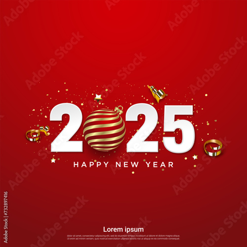 Happy new 2025 year with realistic ball on square background.