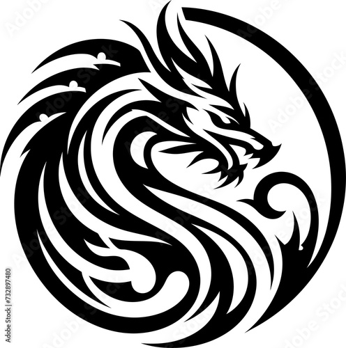 modern tribal tattoo dragon, fantasy, abstract line art of mythology creature, minimalist contour. Vector