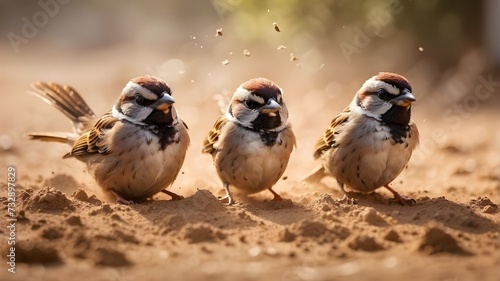 Energetic sparrows engaged in a lively dust bath on a sunny day © Waqasiii_Arts 
