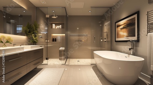 Luxurious Modern Bathroom with Glass Shower, Double Vanity Sink, and Freestanding Bathtub