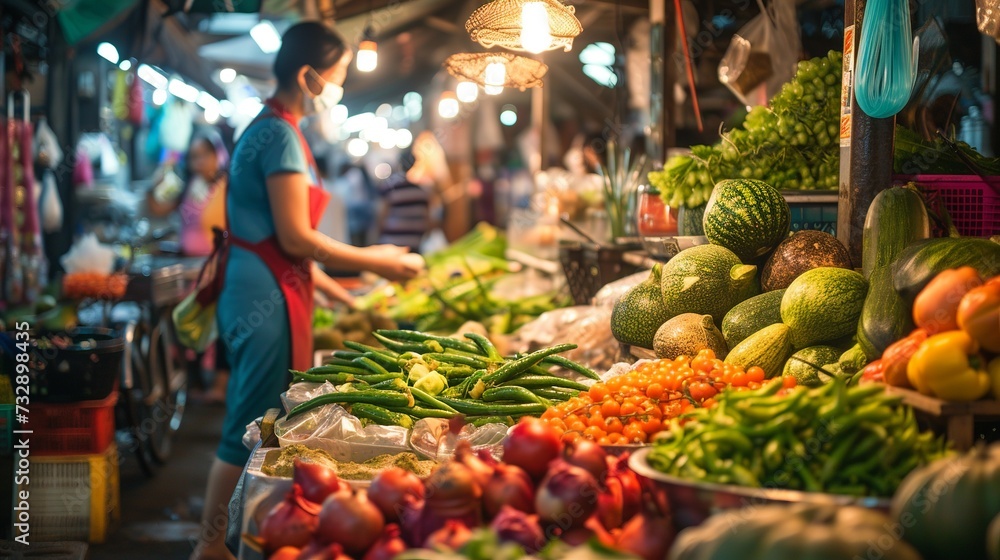 Obraz premium Bustling Night Market with Fresh Vegetables and Fruits Displayed under Warm Lighting, Shopper in Foreground
