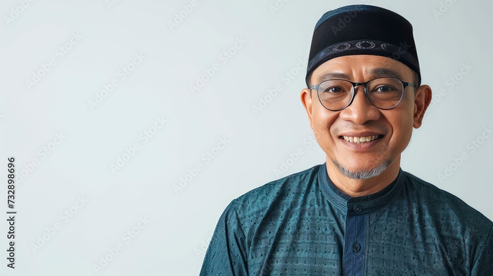 Asian Muslim man wearing glasses smiling to give greeting during Ramadan and Eid Al Fitr celebration over white background, realistic, HD, copy space - generative ai Asian Muslim man wearing glasses smiling to give greeting during Ramadan and Eid Al Fitr celebration over white background, realistic, HD, copy space - generative ai