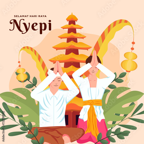 Nyepi Bali's day of silence illustration with two people praying