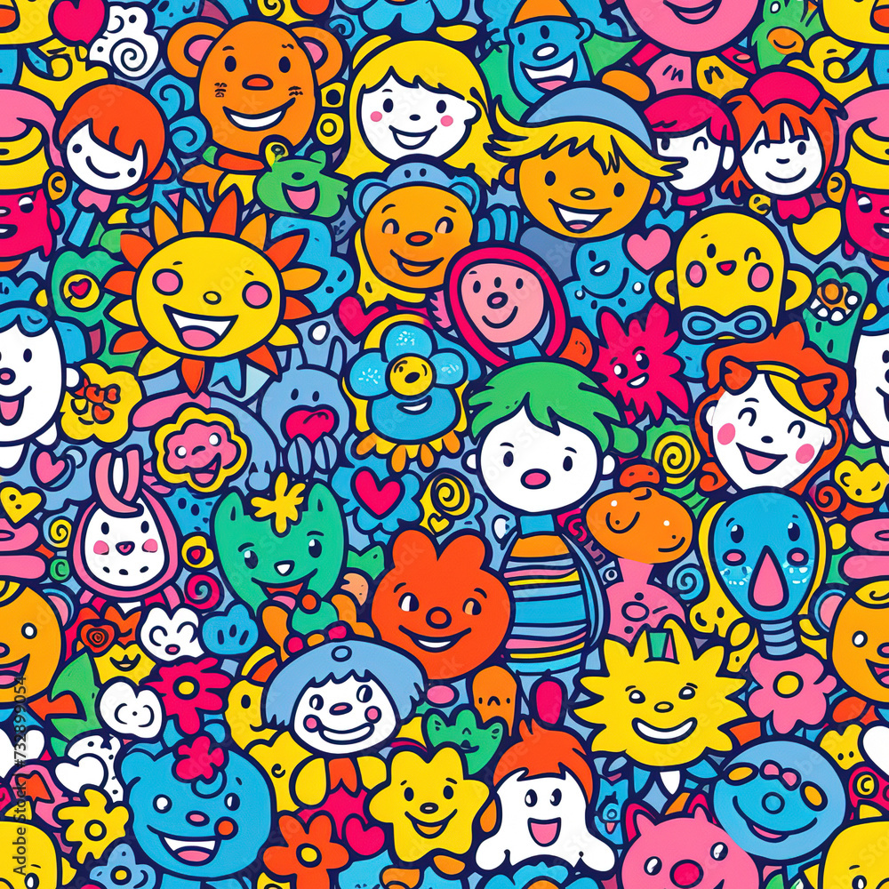 Children colorful doodles repeat pattern, kids cartoon collage, childish, repetitive	