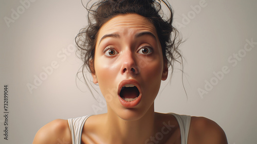 Woman's face showing shocked expression, white background