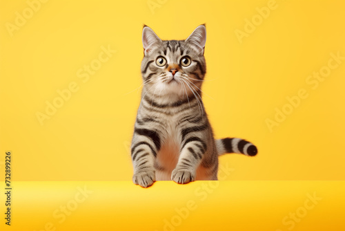 Striped American Shorthair cat on light orange color background. Generative AI © harysxu