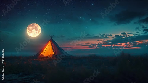 Tent on the beach at night with full moon and stars. photo