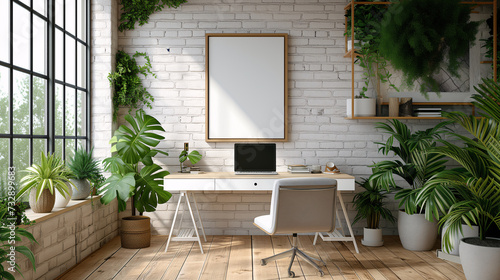 A minimalist home office setup with a sleek white desk  laptop  and an array of green plants  under a framed poster  in a room with abundant natural light.