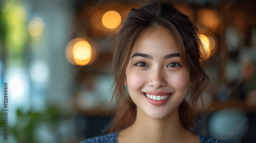 Radiant Asian entrepreneur with an infectious smile, working in a casual office setting. Radiant Asian entrepreneur with an infectious smile, working in a casual office setting.