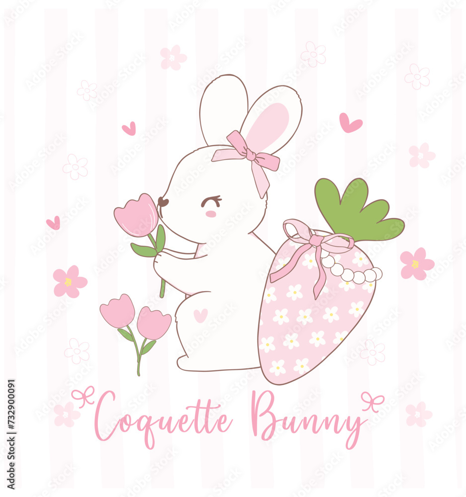 Cute Coquette bunnies with bow and easter egg Cartoon, sweet Retro Happy Easter spring animal. Cute Coquette bunnies with bow and easter egg Cartoon, sweet Retro Happy Easter spring animal.