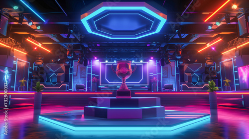 Neon-lit esports arena with a shining trophy center stage. Cyber gaming tournament hall with a champion's cup.
