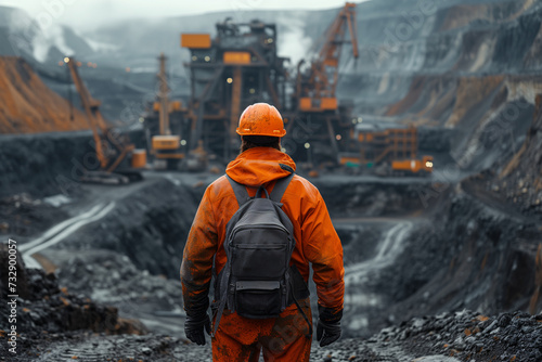 A miner gazes over a vast open-pit mine, machinery in the distance, exemplifying scale and industry. photo