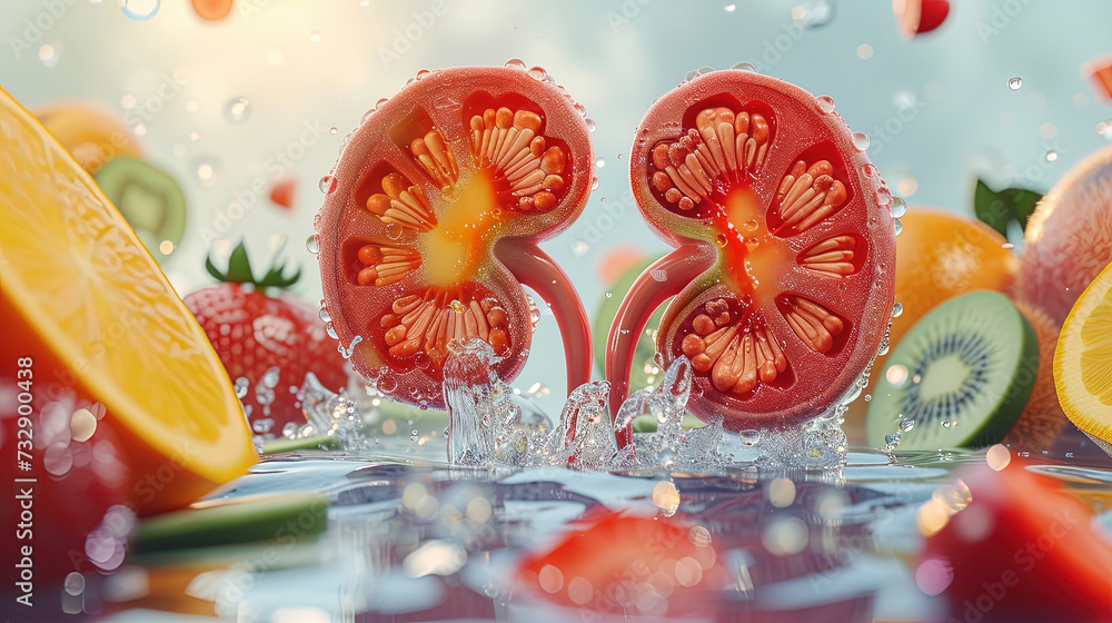 3d illustration of kidney with fruits and water - obrazy, fototapety, plakaty 