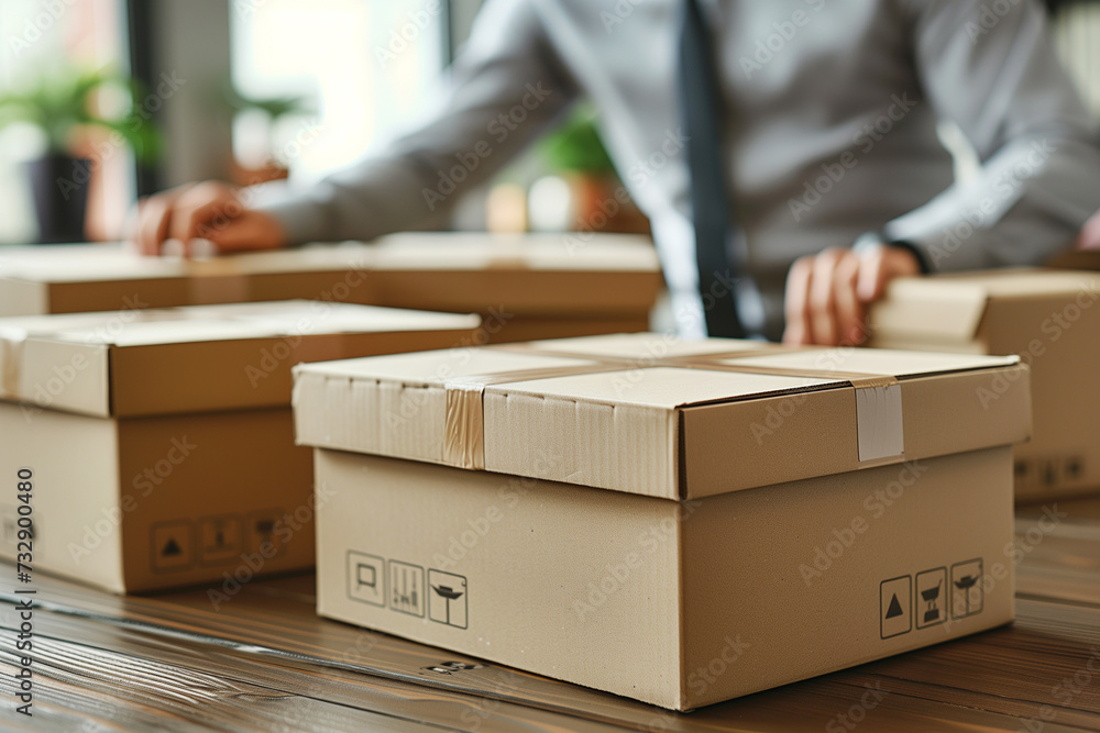 Box : Business with shipments, cardboard shipping boxes on the table with the hand of a businessman in the background. Drop shipping theme Box : Business with shipments, cardboard shipping boxes on the table with the hand of a businessman in the background. Drop shipping theme