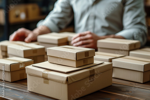 Box : Business with shipments, cardboard shipping boxes on the table with the hand of a businessman in the background. Drop shipping theme