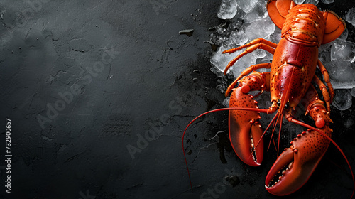 A beautiful red lobster lying on ice and on a black background with space for inscriptions, generative ai