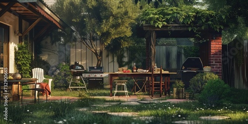 Backyard barbecue concept with grill and food on a sunny afternoon