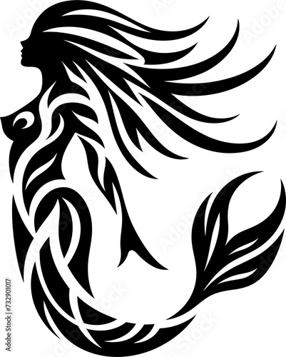 modern tribal tattoo mermaid, abstract line art of mythological creatures, fantasy, minimalist contour. Vector