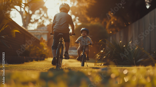 Learning, bicycle, and proud dad teaching his young son to ride while wearing a helmet for safety in their family home garden. Active father helping and supporting his child while cycling outside © Fokke Baarssen