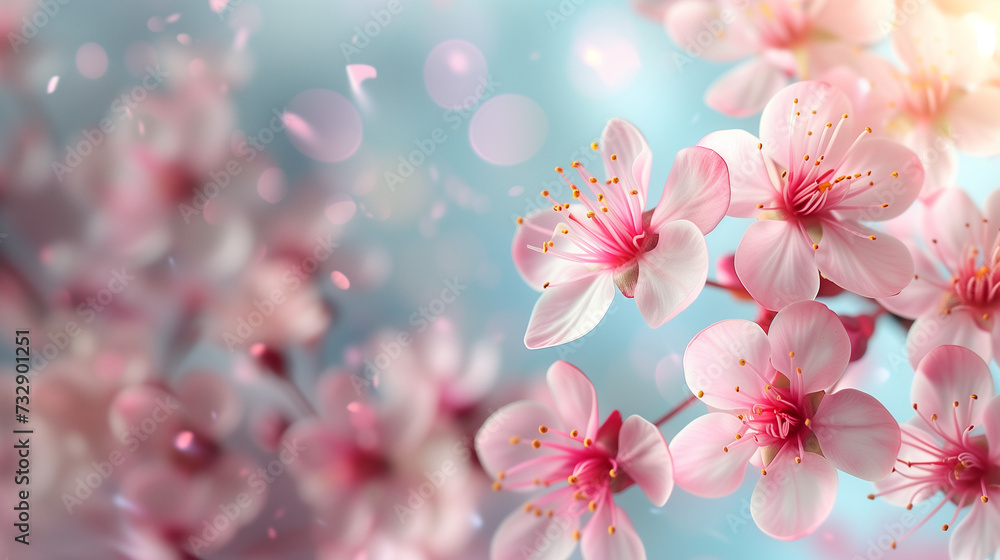 pink cherry blossom in Spring, banner background with spring flowers and copy space