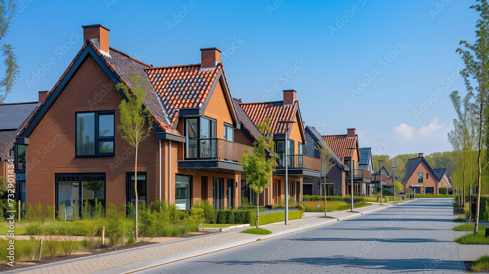 Dutch Suburban area Modern row houses with solar panels, brown bricks and red roof tiles,Street with modern family houses in urban suburb in the Netherlands Dutch Suburban area Modern row houses with solar panels, brown bricks and red roof tiles,Street with modern family houses in urban suburb in the Netherlands