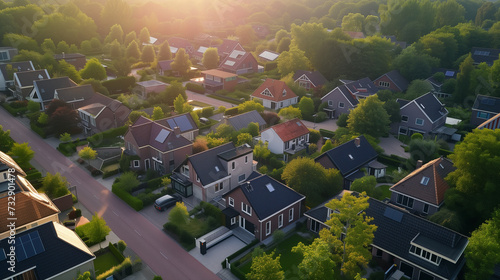top view at a Dutch Suburban area with modern family houses, newly built modern family homes in the Netherlands, dutch family house, apartment house. Netherlands photo