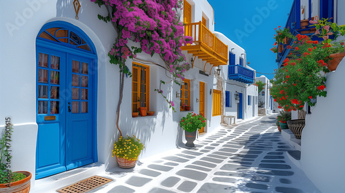 colorful Greek village with flowers in summer in Greece, a street in the town of the island on a sunny day