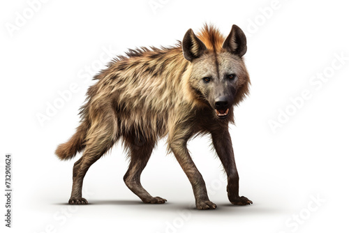 Image of brown hyena on white background, Mammals, Wildlife Animals. Illustration, Generative AI. photo
