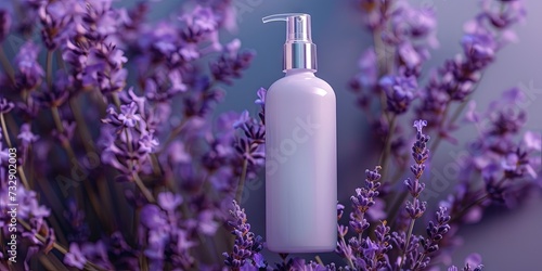 Blank lotion bottle with lavender flowers with copy space for marketing and advertising copy